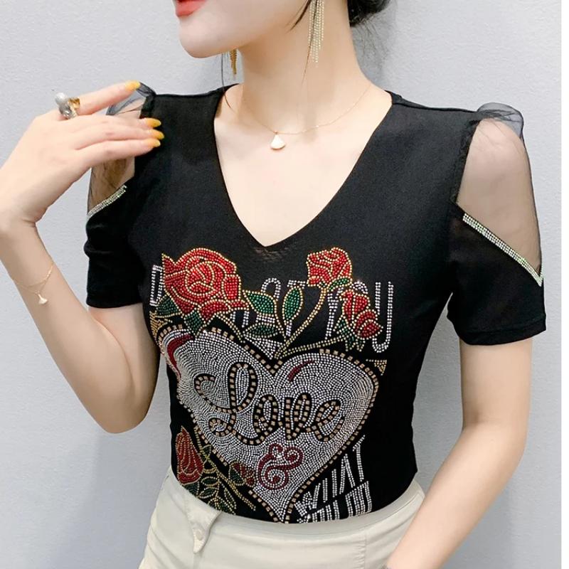 Streetwear Girl Chic Summer T-shirt Fashion Sexy Slim Women Flower Heart Tops Shiny Rose Hot Diamonds Design Tees