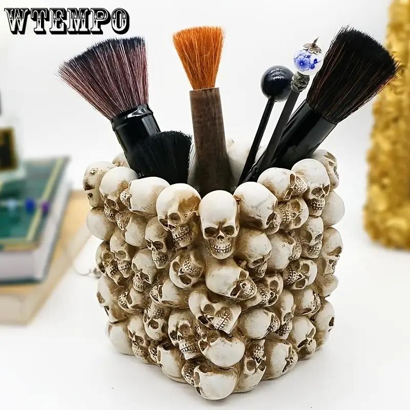 WTEMPO Gotische Schädel Schreibtisch-Stiftehalter Make-up-Pinselhalter Stift- & Zahnbürsten- & Make-up-Pinsel Aufbewahrungsbehälter Halloween-Dekorationen