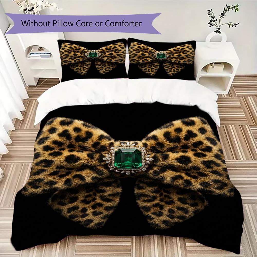 Leopard Print Bow Pattern Bedding uilt Set uilt Cover Pillowcase Home Decoration Birthday Gift (1 * duvet cover + 2 * pillowcase without core)16