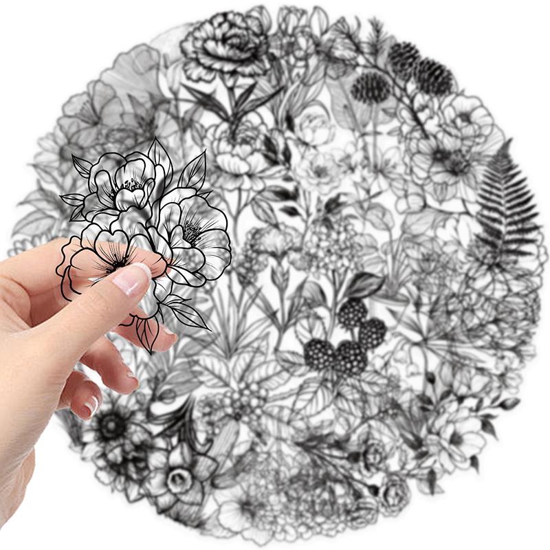 50Pcs Transparent Black White Vintage Flower Plant Stickers Decals Creative Diy Laptop Scrapbooking Decoration Pet Stickers