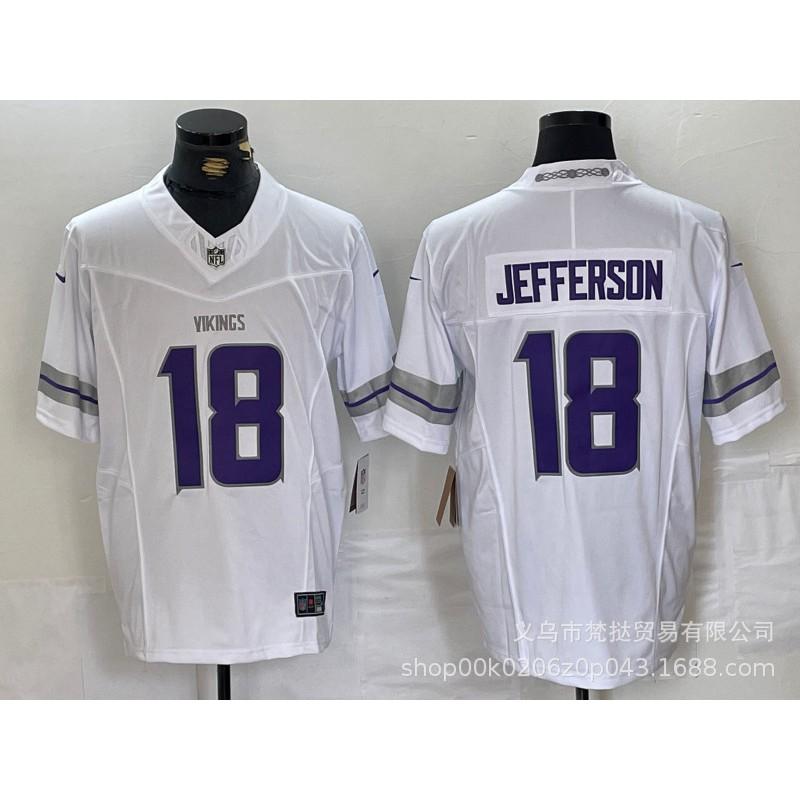 Mens NFL Minnesota Vikings 18 Jefferson 9 McCarthy White Purple Embroidered Football Jersey Sportswear