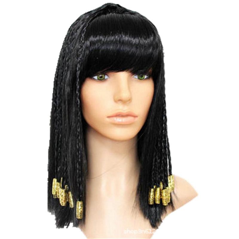 

Парик для косплея Клеопатры, старинная египетская королева, винтажные плетеные черные волосы, украшения из золотых шариков, парики для вечеринки на Хэллоуин + шапочка для парика One Size