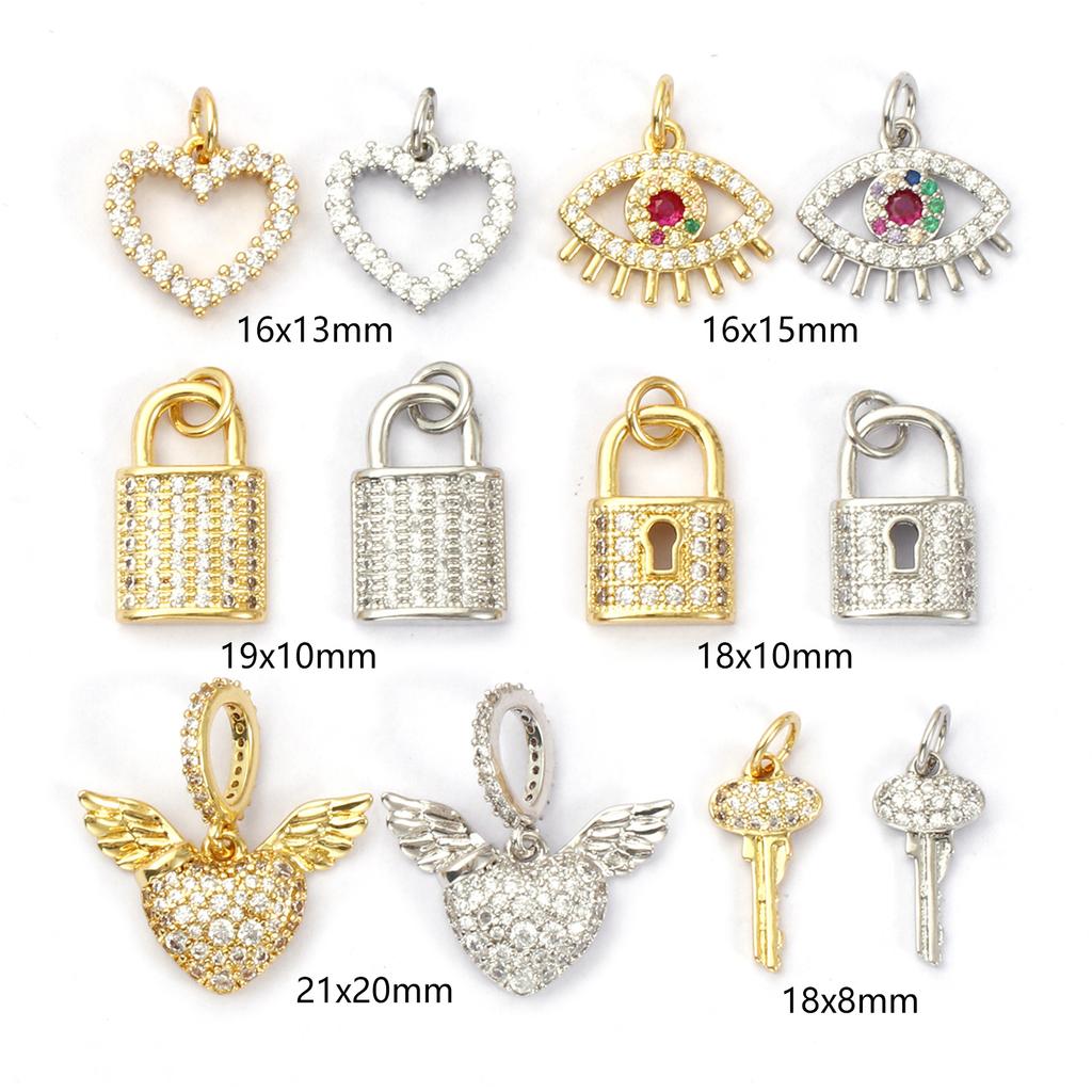 1 Piece Brass & Cubic Zirconia Charms Gold Plated Micro Pave Wings Heart Key Eye Lock Pendant For DIY Necklace Jewelry Making