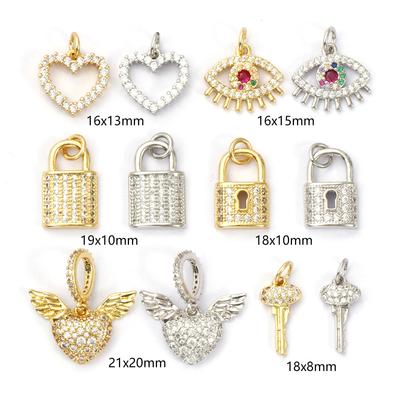 1 Stück Messing & Zirkonia Charms Vergoldet Micro Pave Flügel Herz Schlüssel Auge Schloss Anhänger Für DIY Halskette Schmuckherstellung