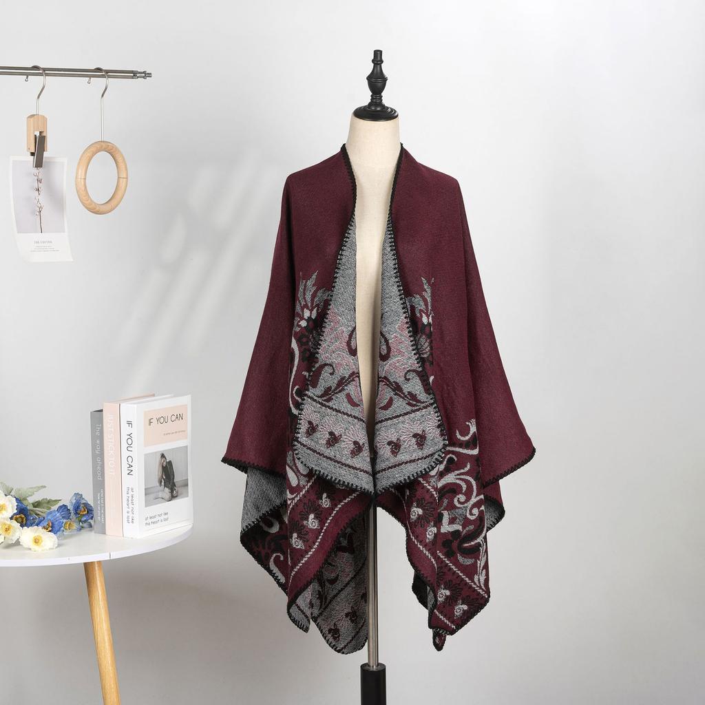 Double-Sided Imitation Cashmere Jacquard Split Women'S Shawl Warm Thickened Shawl Air-Conditioned Room Travel Cloak