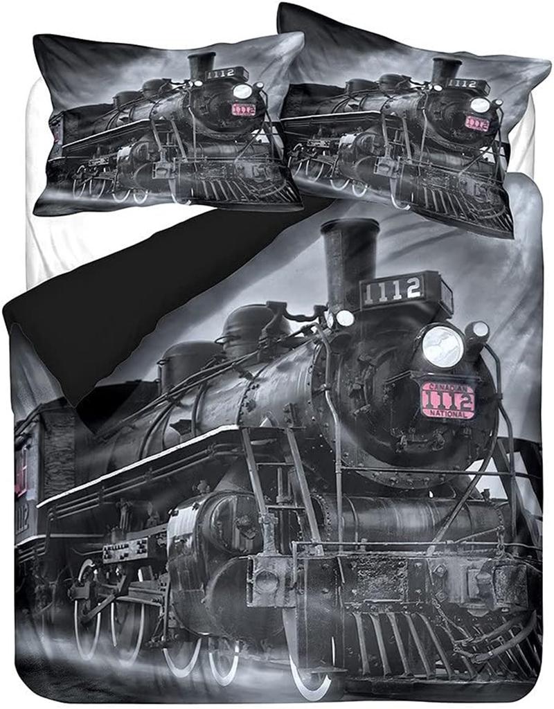 3D Train Digital Printing Duvet Cover Set, Retro Steam Train Theme Bedding Set Microfiber Duvet Set Train Track Pillowcases