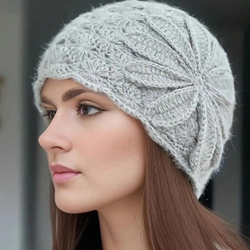 1pc Handmade Crochet Flower Knit Beanie Hat for Women, Warm Winter Slouchy Cap