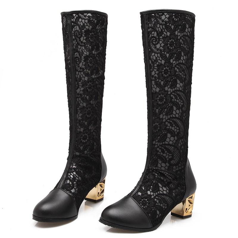 Spring Summer Boots Shoes Women Med Heels Knee Flower Lace Female Mujer Zipper Glitter Sexy White BiG Size 43 44 4546