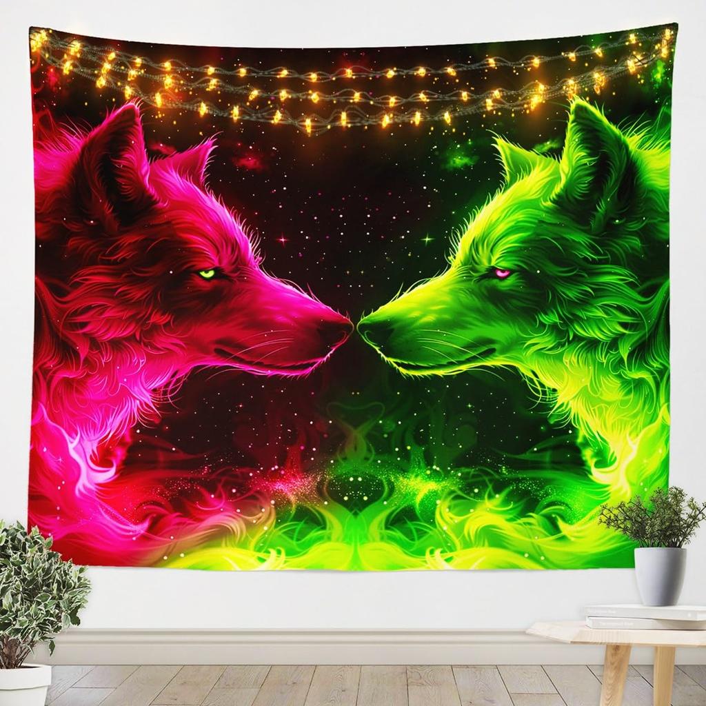 Blue Pink Wolf Tapestries Universe Galaxy Tapestry Cartoon Animal Wall Hanging Art Bedroom Aesthetic Funny Tapestries For Men