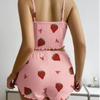 New Strawberry Print Sleepwear Set Women's Ribbed Pajamas with Hearts & Bow Soft Comfy Lounge Set with Shorts Cute Summer