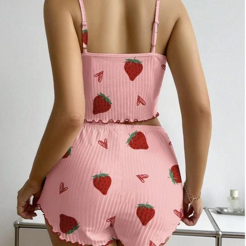 New Strawberry Print Sleepwear Set Women's Ribbed Pajamas with Hearts & Bow Soft Comfy Lounge Set with Shorts Cute Summer