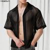 INCERUN Summer Men Lapel Short Sleeve Striped Mesh Sheer Shirts Tops