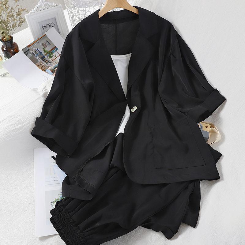 

Женский модный летний свободный костюм с воротником, куртка с рукавами 3/4, широкие брюки 9/4, комплект из трех предметов на подтяжках XL чёрный