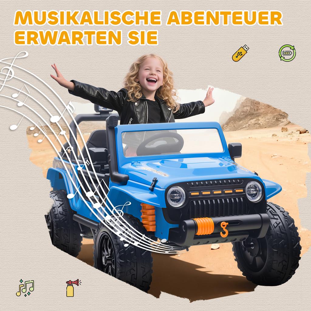 Electric Vehicle for Kids, 12V Battery, with Parent-Child Seat, Remote Controllable, Music, Horn, LED Lights, 3-8 Years, Blue