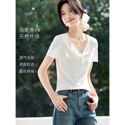 T-shirt da donna a maniche corte con patchwork in pizzo