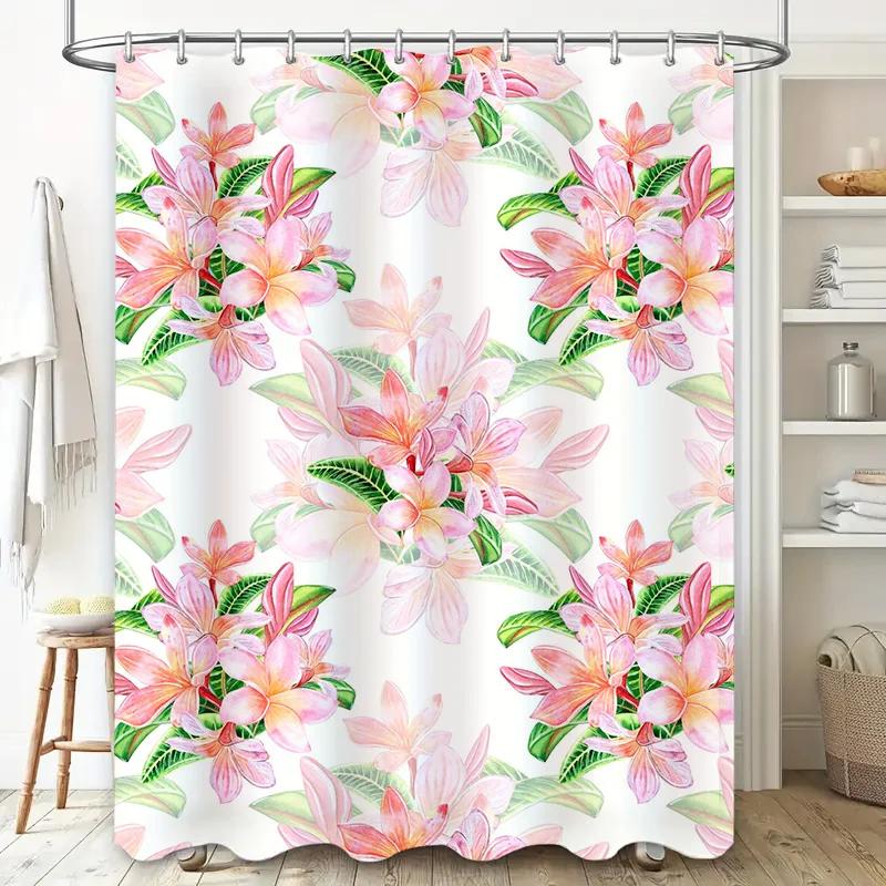 Vintage Floral Shower Curtain Pink Lilies With Green Leaves For Bathroom Decorations Waterproof Fabric Bathroom Curtains With