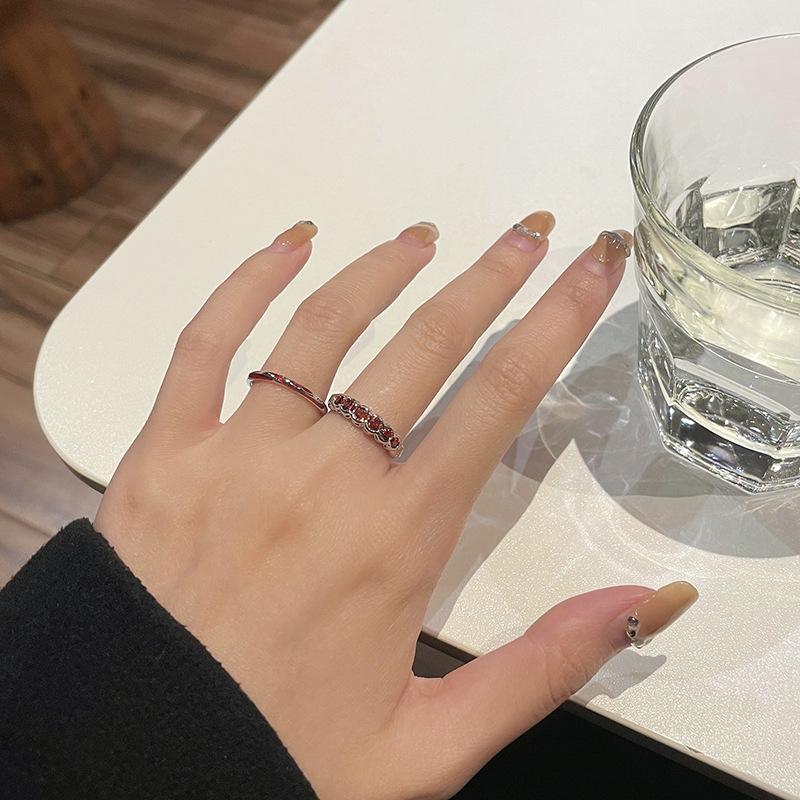 Red Zircon Ring Stacked With Simple French Personality Niche Design Advanced Cold Wind Index Finger Open Ring Woman