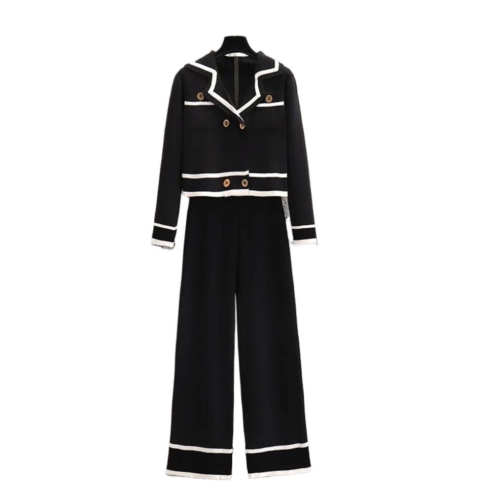 Women Knitted Set Spring Autumn Long Sleeve Notched Collar Jacket+ Wide Leg Straight Pants 2PCS Suits Lady Outfits