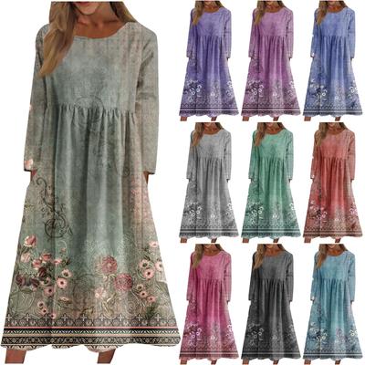 Women's Casual -neck Print Mid-length Dress Long-sleeved Pocket Dress