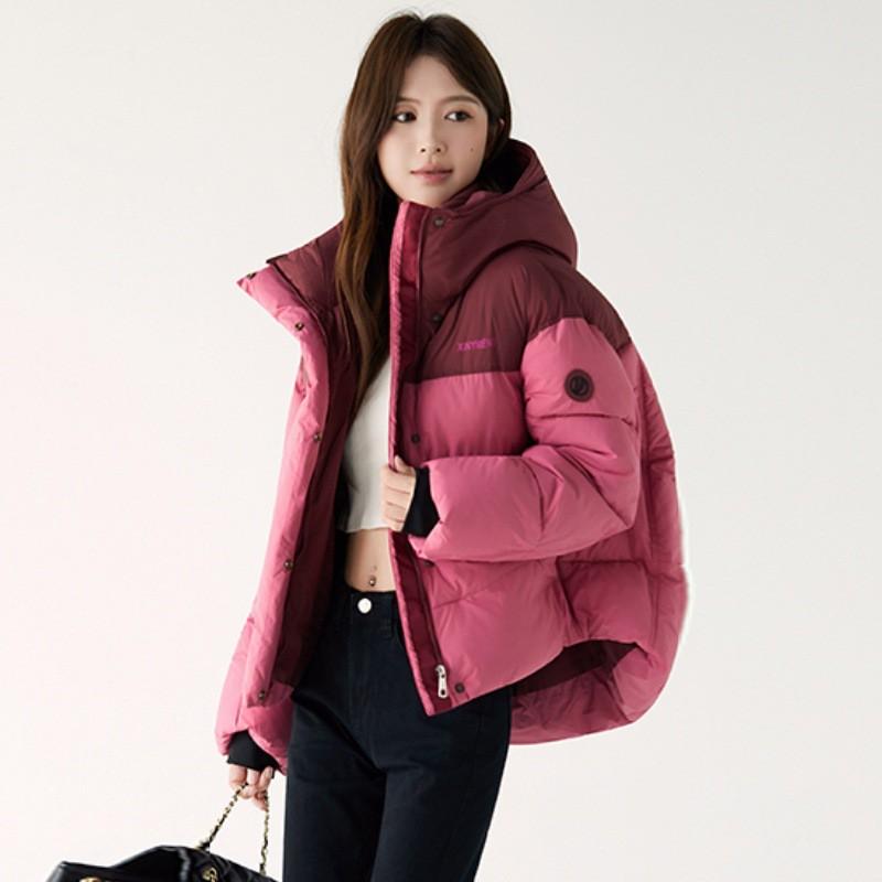 2026 Winter Short Hooded Color Block Padded Cotton Jacket Women Loose Fit Sporty Warm Couple Coat