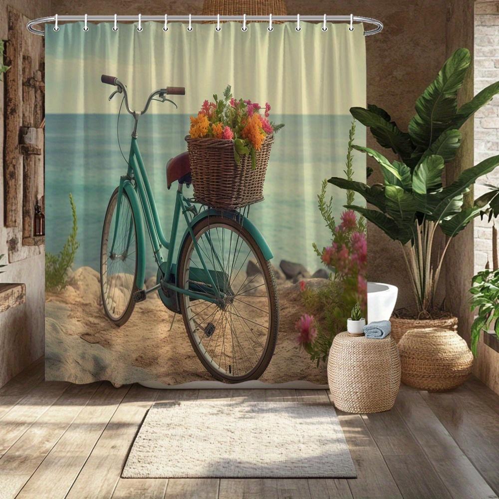 Coastal Bicycle Shower Curtain, Vintage Bike & Ocean Scene, Fade-Resistant Polyester, Machine Washable, Bath Decor