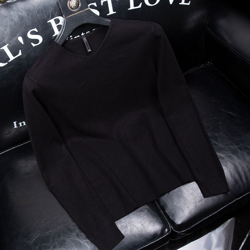 Men's Autumn and Winter Pullover V-neck Spliced Sweater Knitted Solid Color Fashion Commuter Versatile Long Sleeved Tops