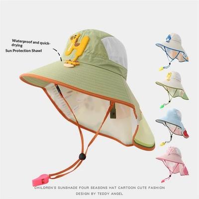 Cappello Parasole da Spiaggia per Bambini a Cartoni Animati, Protezione UV, Estivo, Sottile, Traspirante, Ampia Falda, Cappello da Pescatore con Corda Antivento