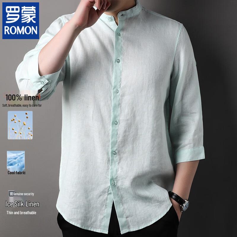 ROMON Men s 100% Linen Stand Collar Short Sleeve Shirt 3XL