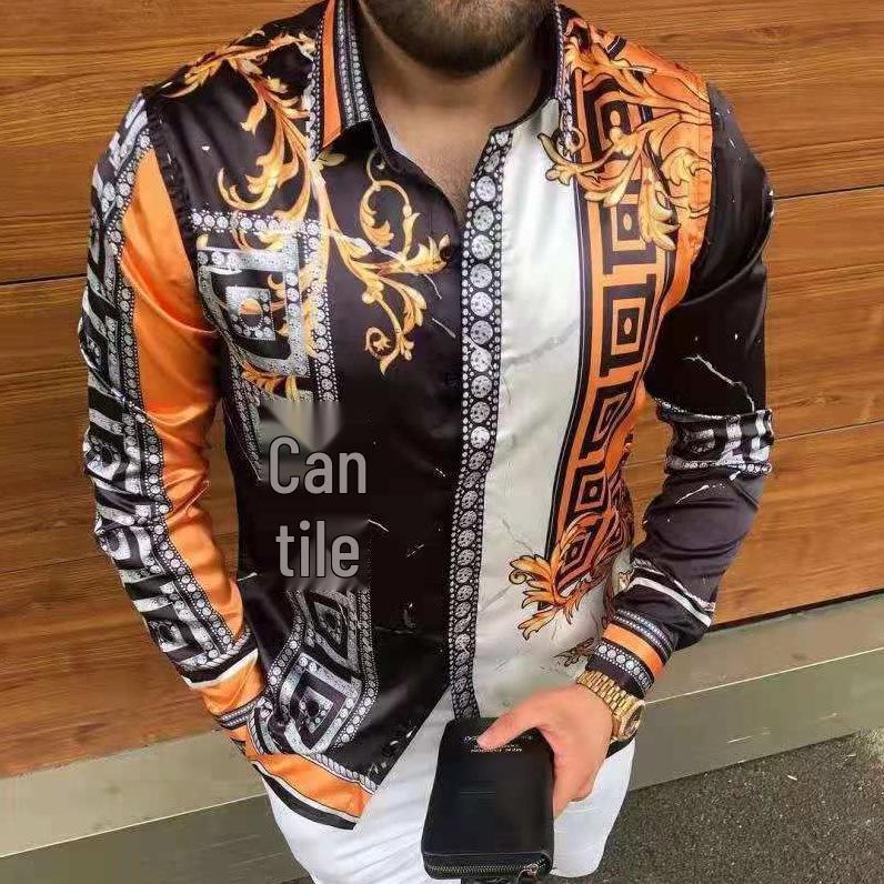 2025 European & American Men's Casual Plus Size Printed Long-Sleeve Shirt