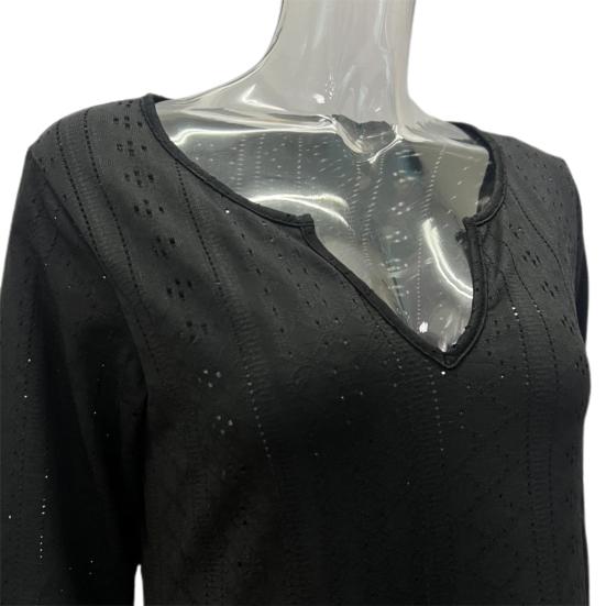 Damen-Herbstkleid, V-Ausschnitt, langärmelig, hohl, einfarbig, locker, knöchellang, weich, atmungsaktiv, Dating, Einkaufen, Frühling, Maxikleid
