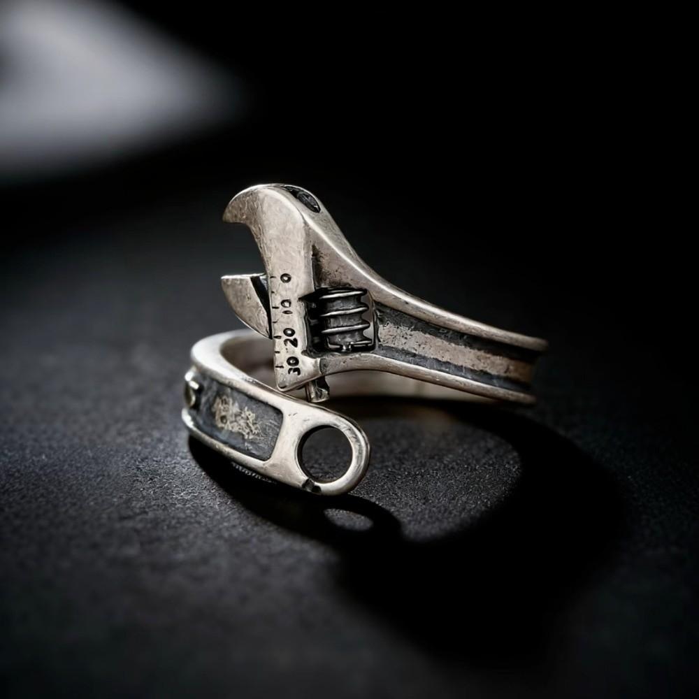 Heavy Duty Spanner Finger Ring Silver Plated Biker Jewelry Wrench-Shaped Open Ring Boys Girls