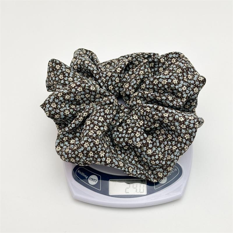 French Vintage Floral Print Hair Scrunchies Oversized Ruched Ponytail Holder Pastoral Style Elastic Hair Ties For Thick Hair