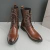 Retro Designer High Tops Men Lace-up Cowboy Boots Luxury Pointed Toe Biker Boots Man Leather Motorcycle Shoes