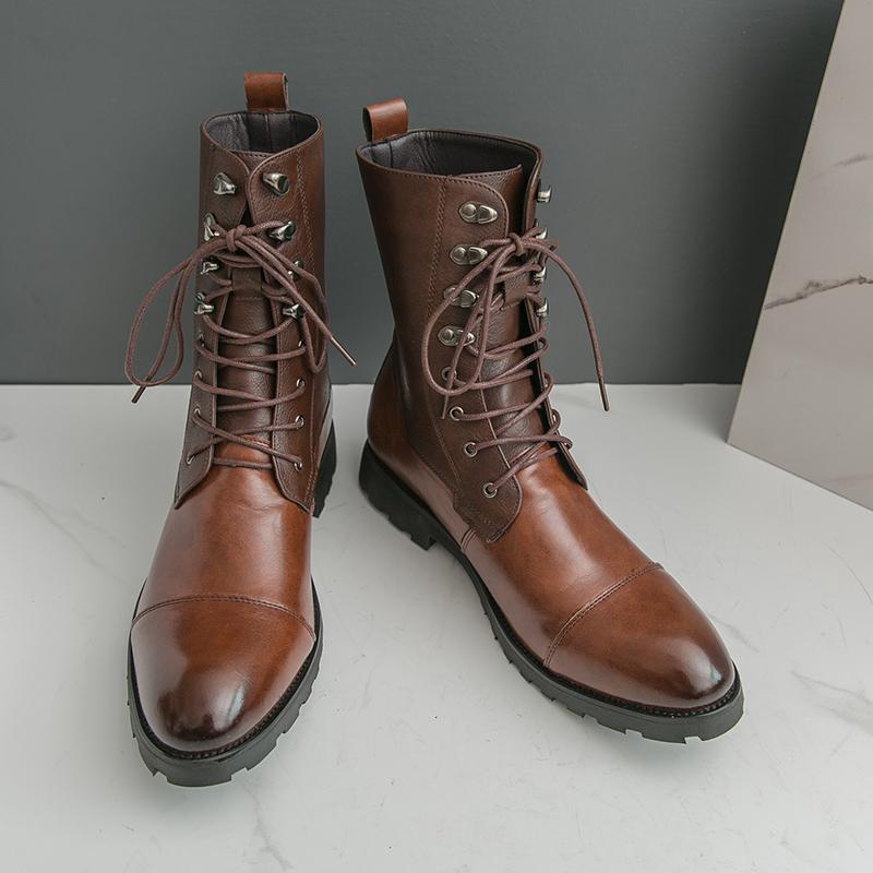 Retro Designer High Tops Men Lace-up Cowboy Boots Luxury Pointed Toe Biker Boots Man Leather Motorcycle Shoes