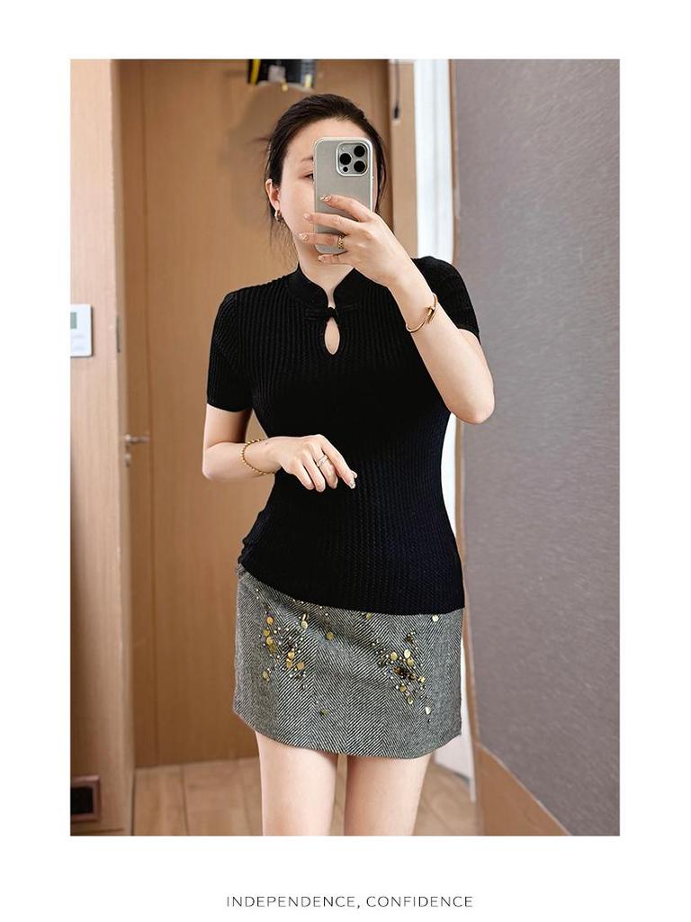 New Chinese Style Silk Blend Frog Button Waist-Hugging Knit Top - Women's Summer Short-Sleeve
