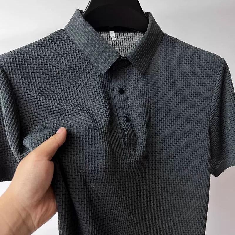 

Men s Spring and Summer Plus Size Lapel Peplum Short Sleeve Solid Colour Simple Mesh Ice Silk Shirt 5XL