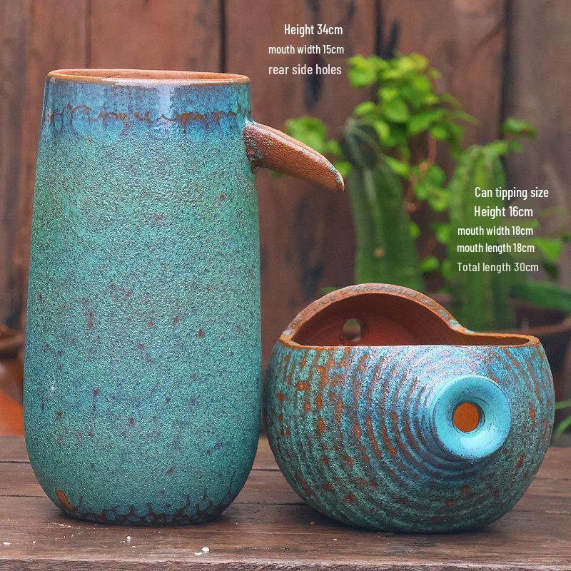 Retro Hydroponic Ceramic Flower Pot with Water Circulation, Courtyard Fish Tank, and Decorative Flowing Water Ornaments.