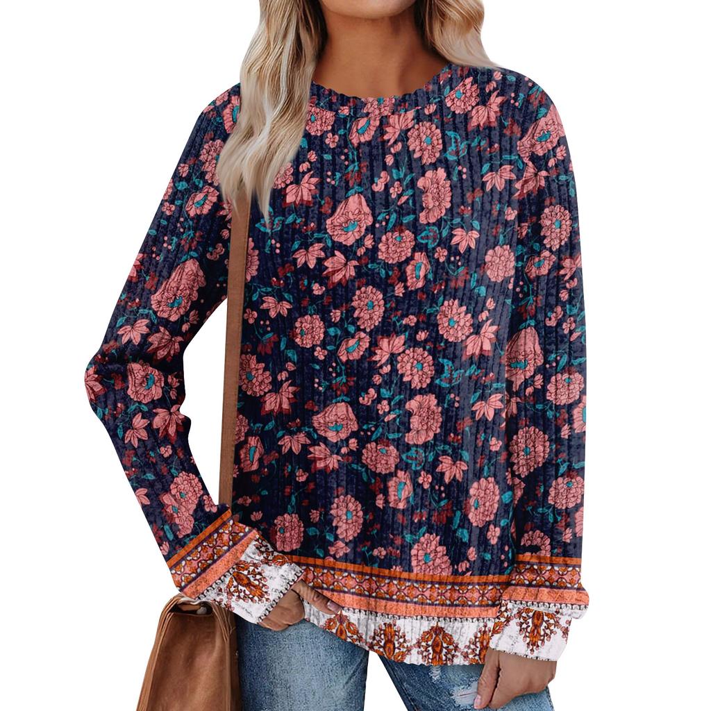 Women's Printed Lightweight Brushed-Cotton Round Neck Top