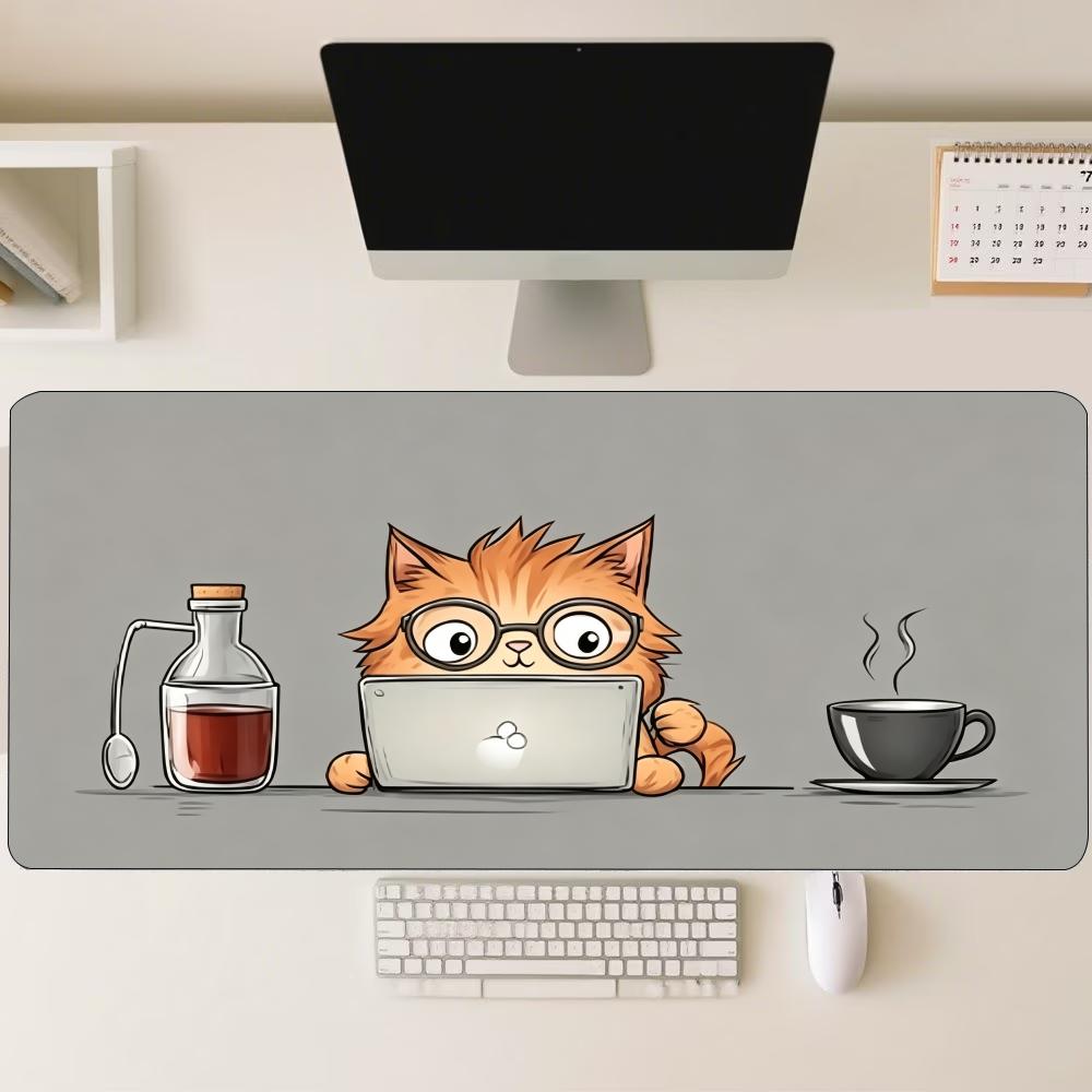 Cute Cartoon Office Cat Gaming Mouse Pad Nonslip Rubber Desk Mat Coffee Laptop Comic Art For Gaming And Daily Desktop Use