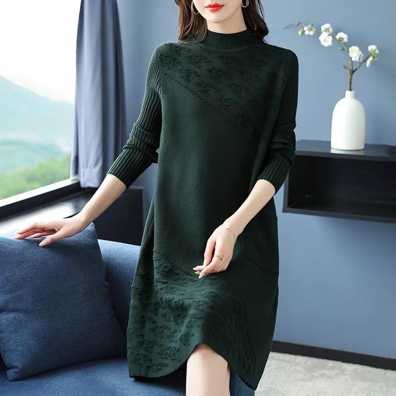 Herbst und Winter Damen Western Stil Kleid lang über dem Knie Herbst und Winter bedecken Bauch dünnen Pullover Rock Bottoming Shirt