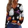 Women's Casual Long Sleeve V-Neck Halloween Print T-Shirt with Decorative Buttons