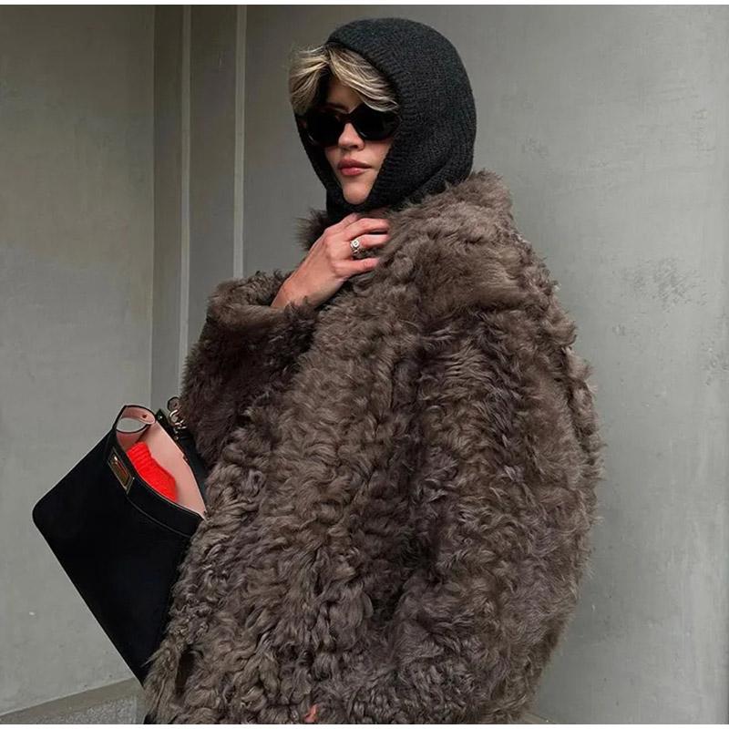 Cappotto da donna in pelliccia sintetica con pieghe tinta unita, manica lunga, tasca, cardigan, scollo a V, giacca da donna, invernale, casual, moda, capispalla, taglie forti