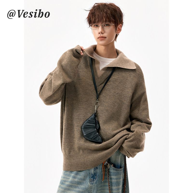 Retro Vintage Style V-Neck Patchwork Sweater for Men, Winter Casual Two-Piece Knitwear for Couples, Soft and Loose Base Shirt