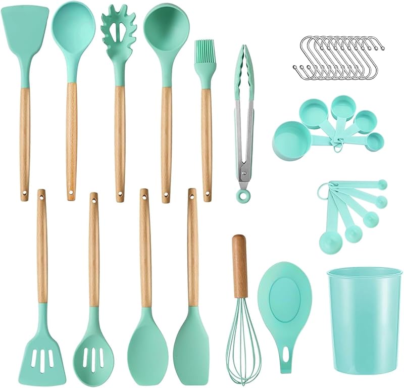 

Набор кухонных принадлежностей - набор из 33 предметов из силикона с антипригарным покрытием и деревянной ручкой, кисточка для смазывания, венчик для взбивания яиц, щипцы. зелёный