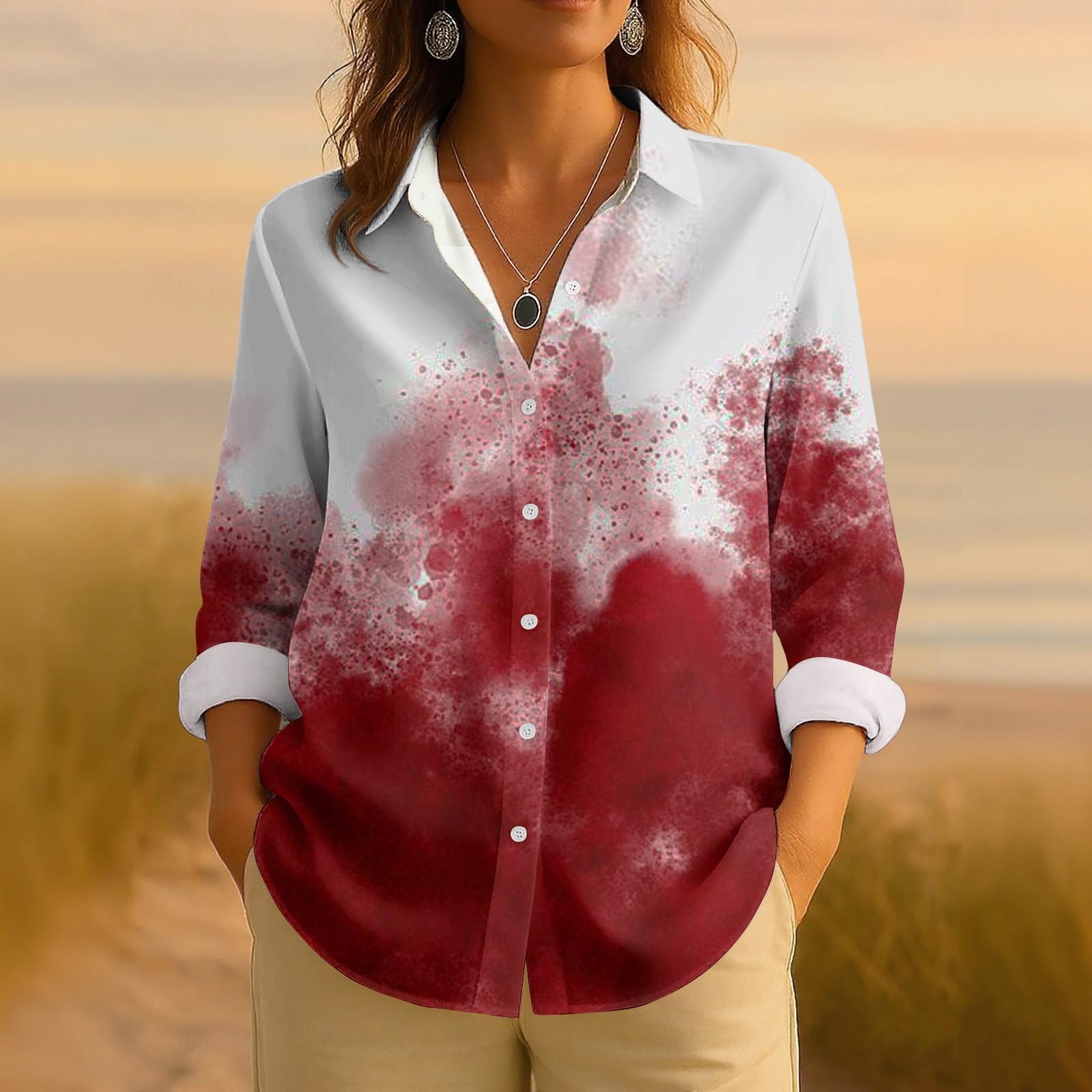 

Women s Retro Halloween Printed Button Up Long Sleeved Casual Regular Shirt Collar Top XXL винний