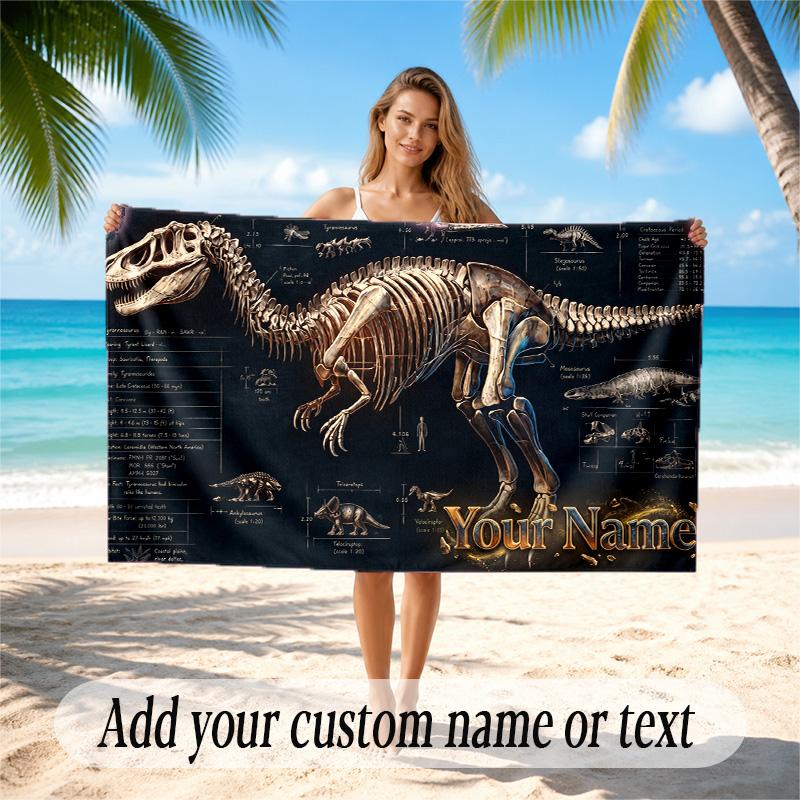 Dinosaur Theme Quick Dry Beach Towel Custom Name Text Print Large Sand Resistant Towel Beach Vacation
