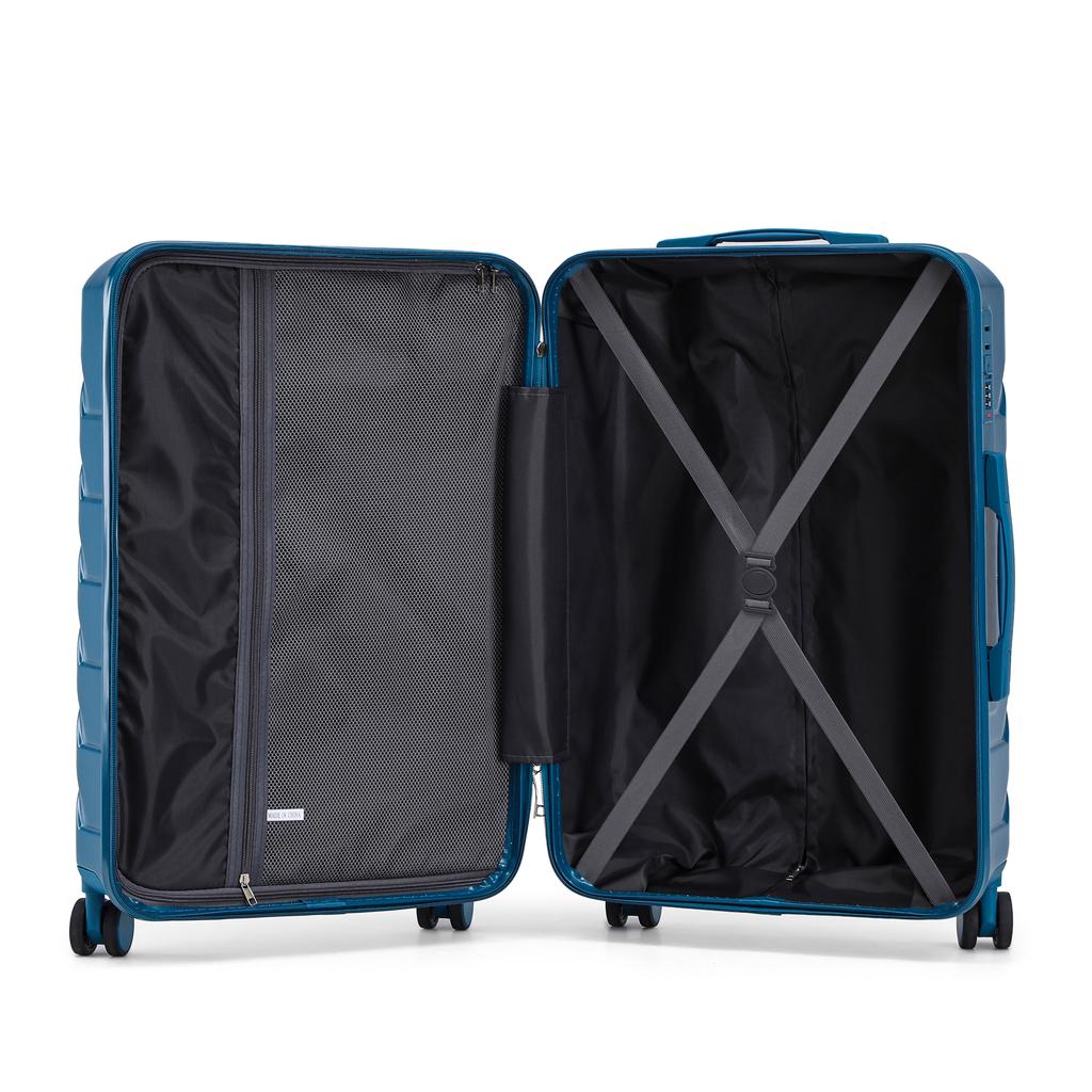 14"/19"/24"/28" 4-Piece ABS Spinner Suitcase Set – Side Handles, Hanging Hooks & Protective Feet – Combination Lock & 14" Cosmetic Bag (Dark Blue)