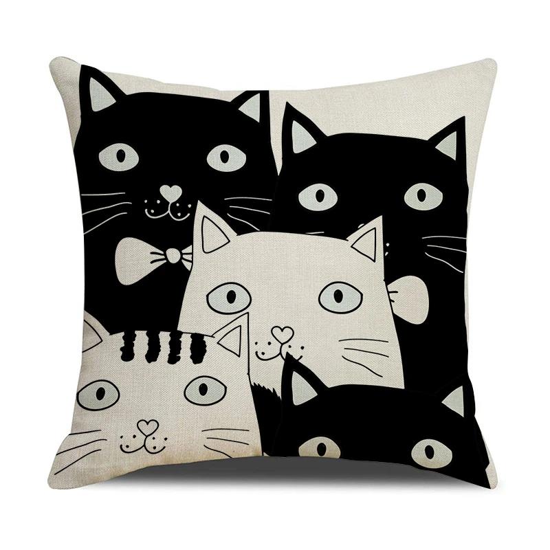 Black And White Cute Cat Printed Cushion Cover Home Decorative Sofa Pillow Covers Coffee Chair Throw Pillow Case Car Pillowcase