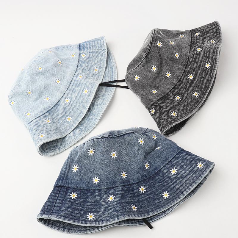 Vintage Washed Distressed Daisy Embroidery Bucket Hat Fisherman Cap - Casual, Relaxed Fit, Summer Fashion Accessory for Women