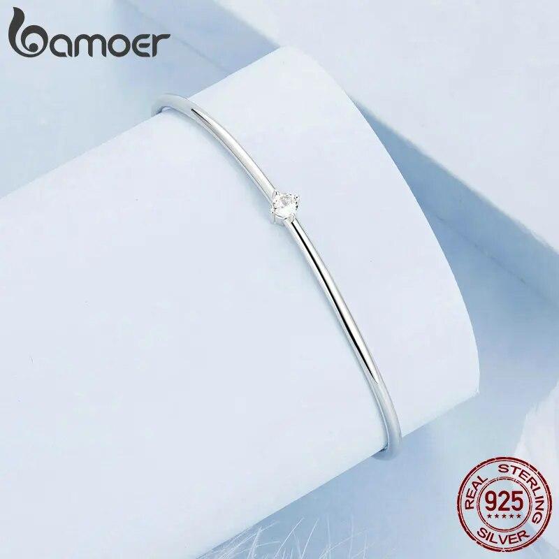 BAMOER 925 Sterling Silver Simple Zircon Bangle Shiny Star Bracelet for Women Valentine's Day Gift Platinum Plated Fine Jewelry